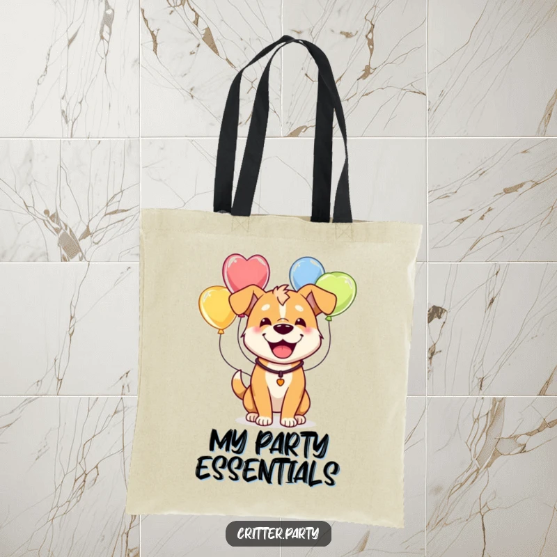 Funny tote bag featuring a happy dog humorously sporting a string of colorful balloons, ideal for carrying daily essentials.