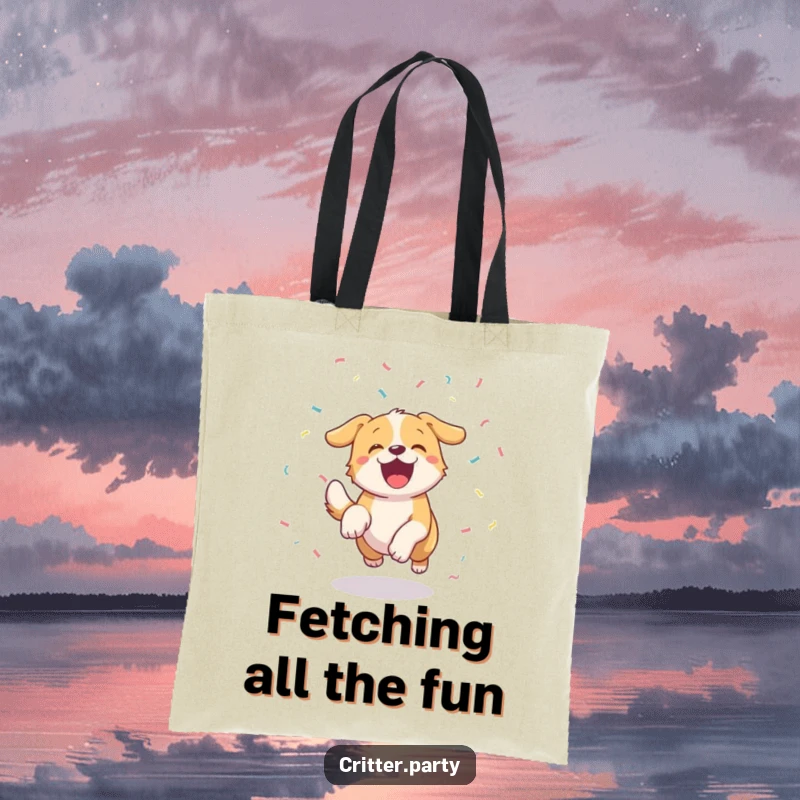 Funny excited dog with a wagging tail, chasing a stream of confetti, printed on a durable tote bag for stylish errands.