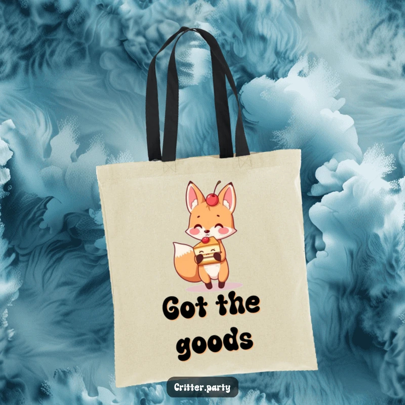 Playful fox character holding a slice of cake with a cherry on top, a cute and humorous tote bag.