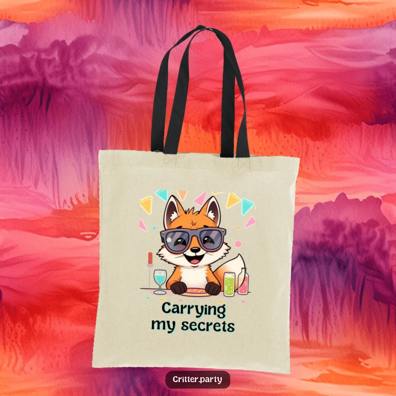 Funny grinning fox wearing oversized novelty glasses, at a party table, printed on a durable tote bag for stylish errands.