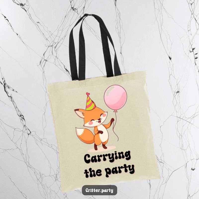 Funny tote bag: A happy fox in a party hat dancing with a large balloon, a humorous and festive accessory.
