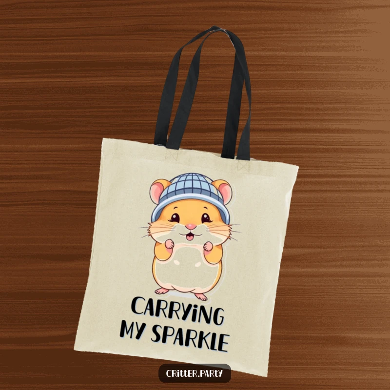 Funny hamster tote bag with a cute character wearing a tiny disco ball helmet, striking a fun and silly pose.
