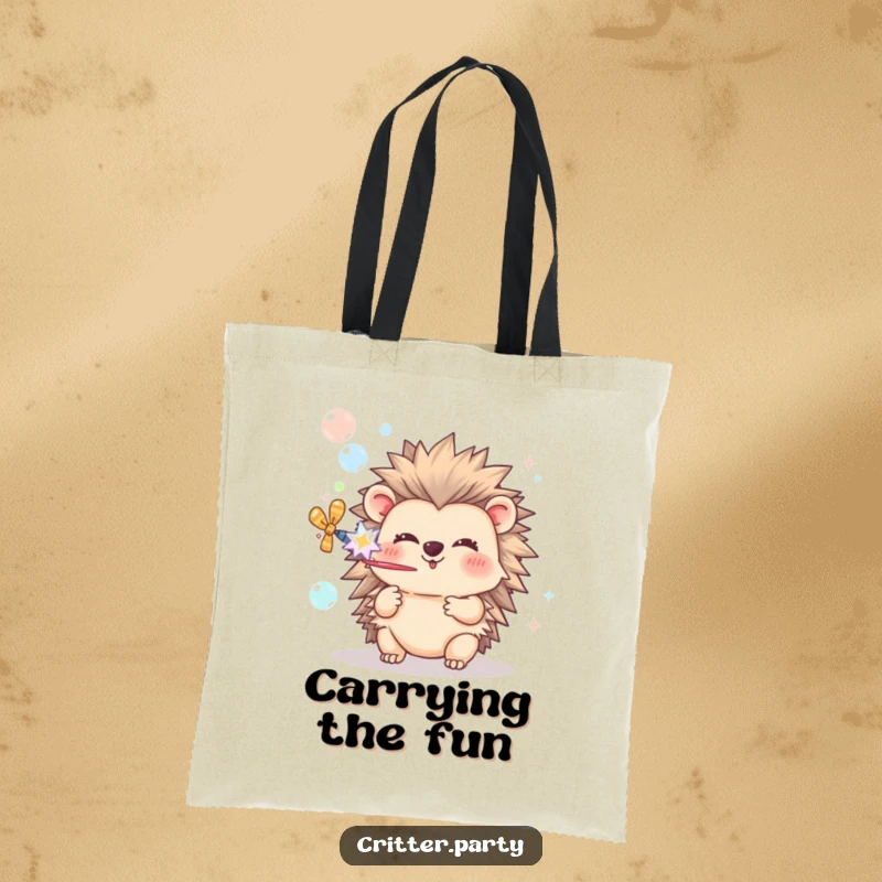 Funny Hedgehog Tote Bag: A happy hedgehog character pops a party popper, releasing a stream of cheerful bubbles with glee.