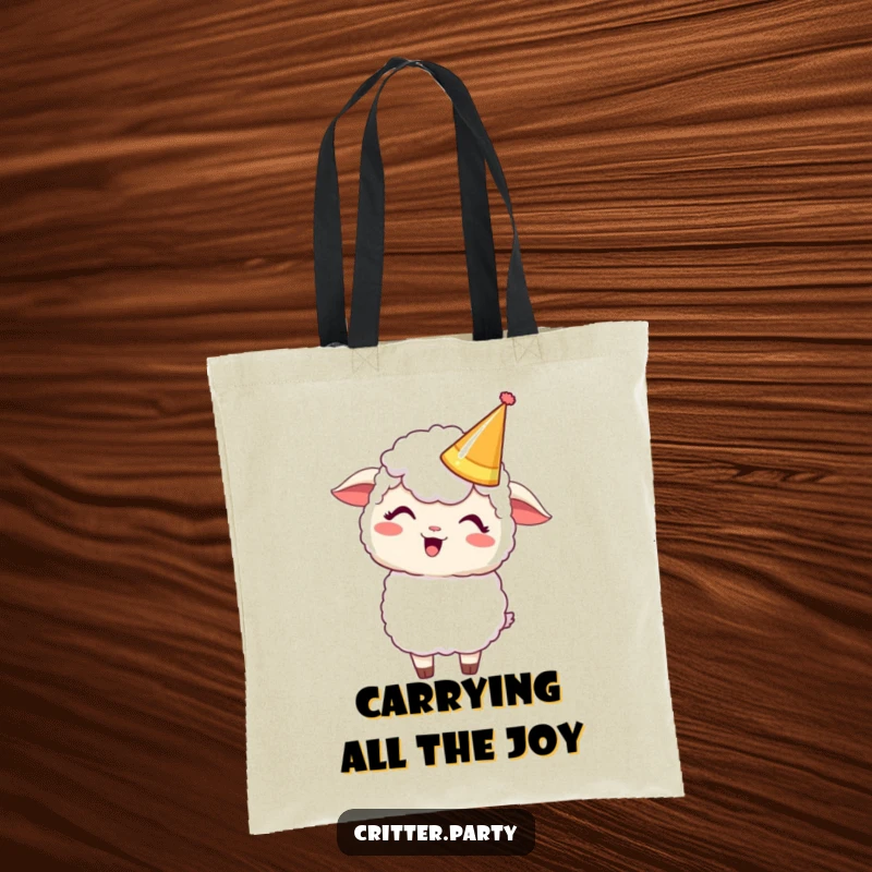 Funny Kawaii sheep wearing a festive party crown and giggling while carrying this durable tote bag.