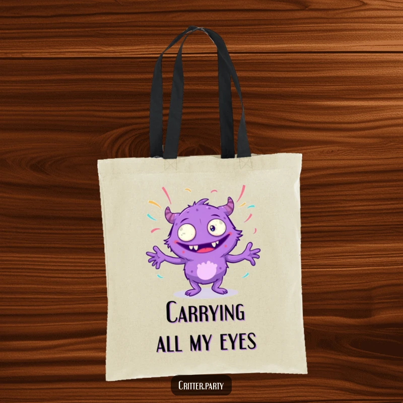 Funny purple monster tote bag with multiple eyes, dancing wildly with colorful streamers, showcasing unstoppable party energy, excellent for a funny gift.