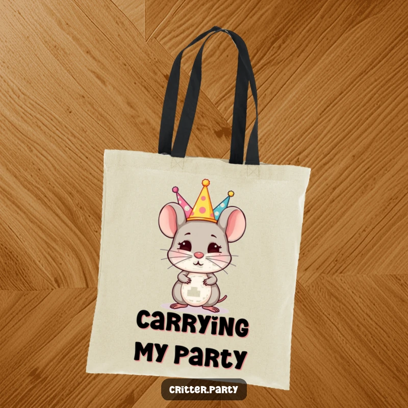 Funny Tote Bag: A small, determined mouse balances a stack of tiny party hats on its nose, showcasing impressive focus.