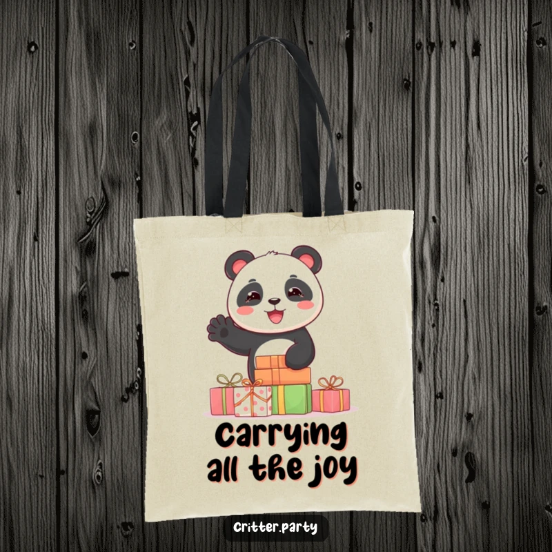 Funny tote bag featuring a joyful panda character waving from behind a beautifully wrapped stack of presents, ready for adventure.