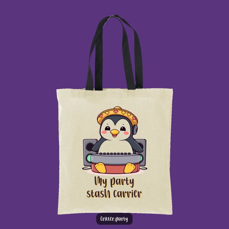 Funny Penguin Sombrero DJ Booth Slide Tote Bag: Carry Your Tunes and Fun