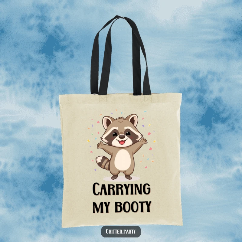 Funny tote bag featuring a happy raccoon character dancing wildly with confetti falling, perfect for carrying necessities with a festive spirit.