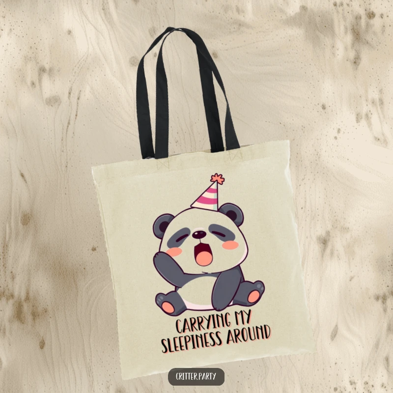 Funny sleepy panda wearing a party hat, caught in a massive yawn, printed on a durable tote bag.