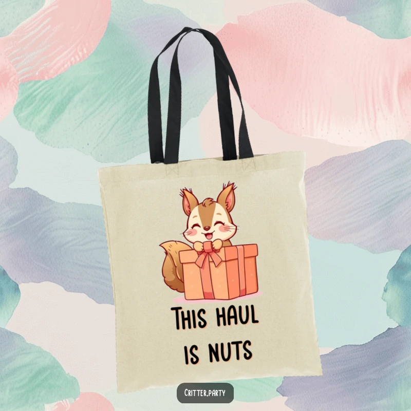 Funny squirrel tote bag illustrating a cute squirrel character ecstatically unwrapping a grand, ribboned present, perfect for shoppers.