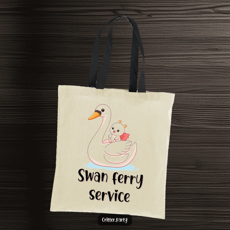 Funny tote bag with a small critter gleefully riding a giant inflatable swan, symbolizing carefree fun and adventure.