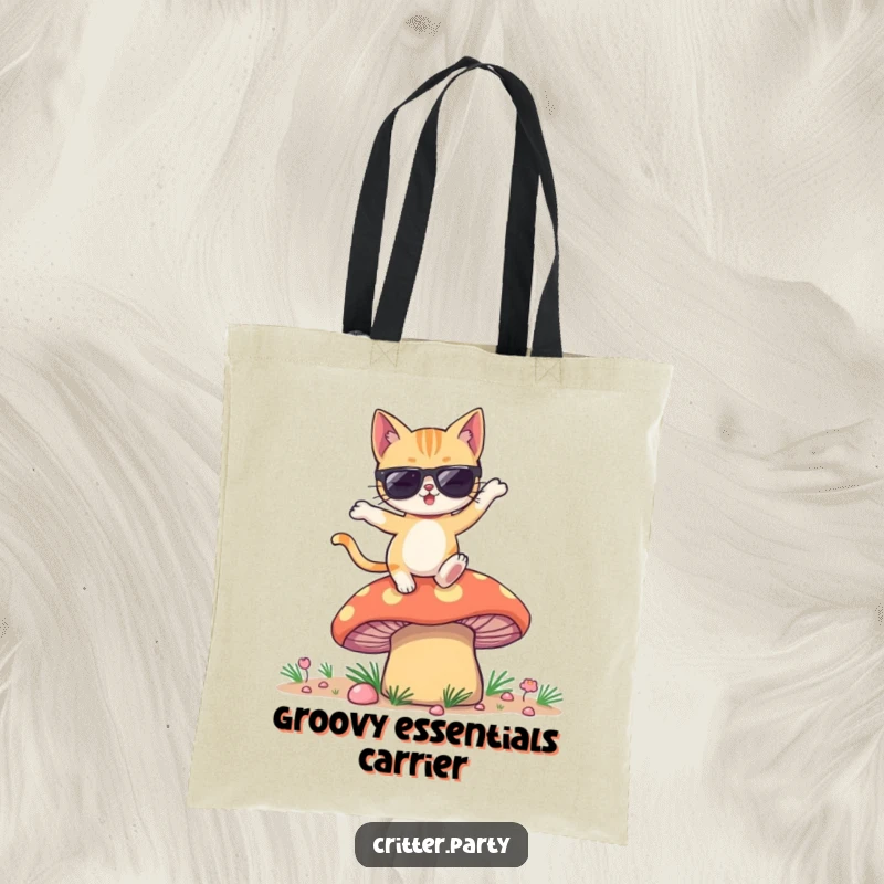 Funny tote bag illustration of a winking cat in sunglasses dancing on a surreal, large mushroom.
