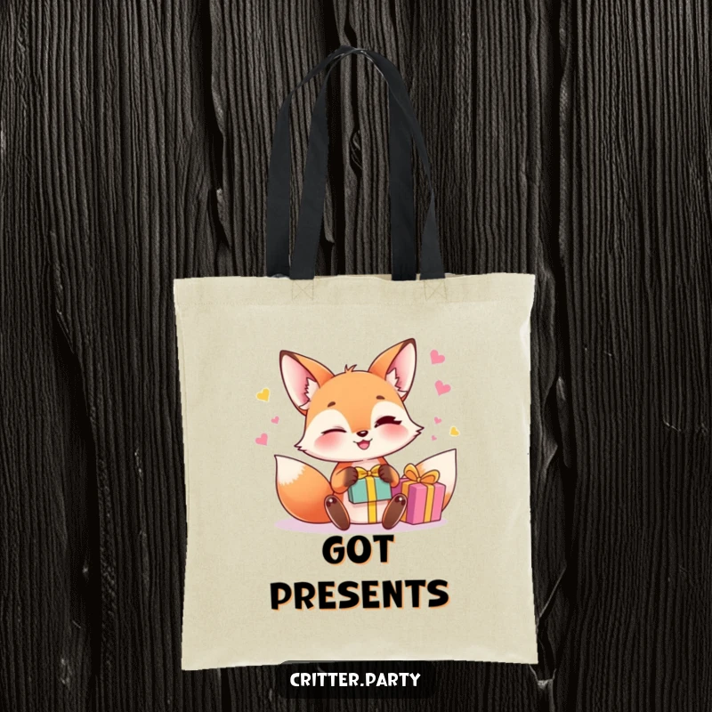 Funny fox juggling tote bag featuring a winking fox character juggling small, brightly colored gift boxes, a stylish and humorous bag.