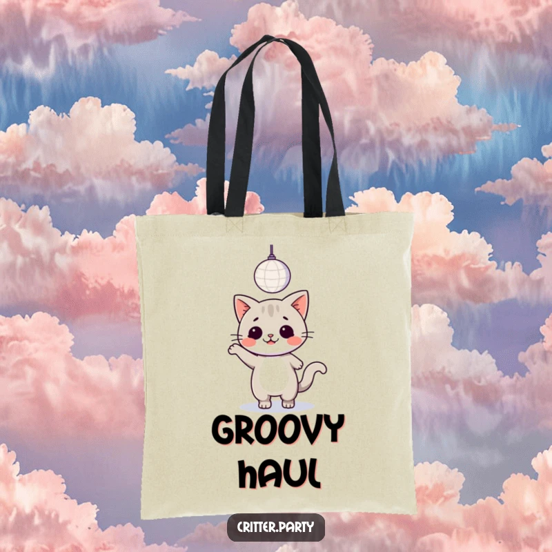 Funny kawaii cat happily dancing under a disco ball, a stylish tote for carrying party essentials.