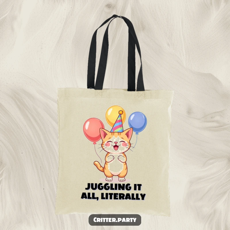 Funny cat sporting a party hat, juggling vibrant balloons, on a durable tote bag, ideal for carrying groceries with humor.