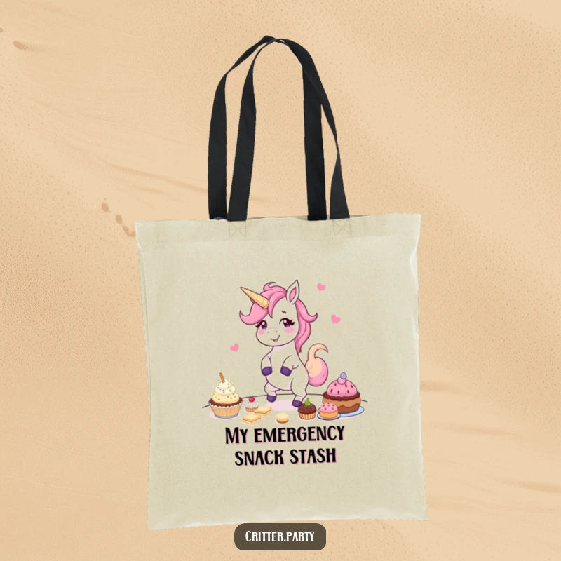Funny tote bag displaying a giggling unicorn gleefully dancing around a table packed with delicious party treats, perfect for errands.