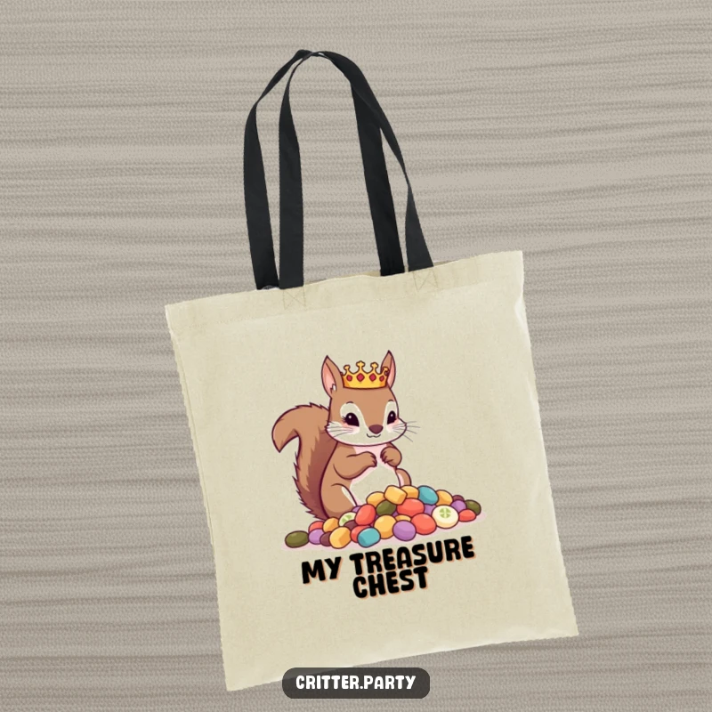 Funny tote bag featuring a curious squirrel in a crown surveying a pile of treats, ideal for carrying essentials with regal humor.